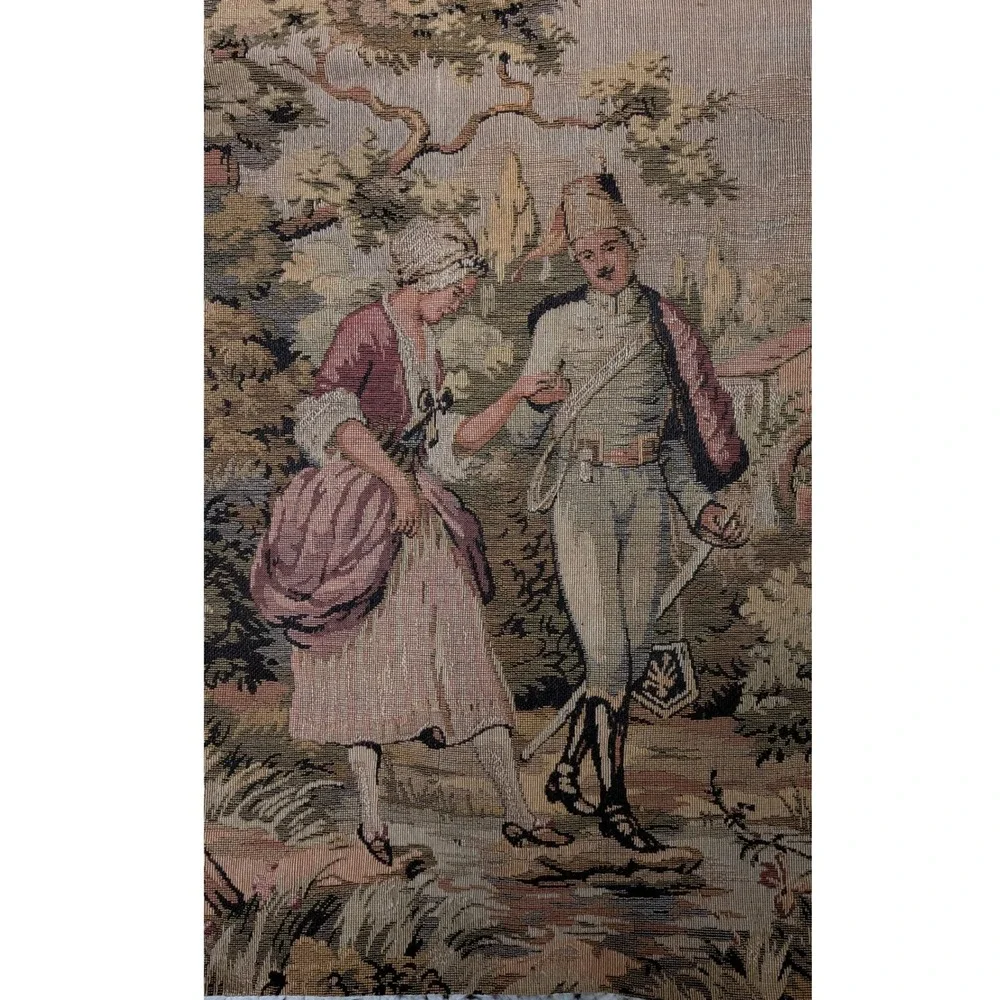Vintage Woven Wall Tapestry 18x18 Romantic Couple 18th Century Scene Textile Art